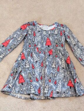 Sparkledots - Gray Holiday Tree Print Dress - Red & White Accents (4T)